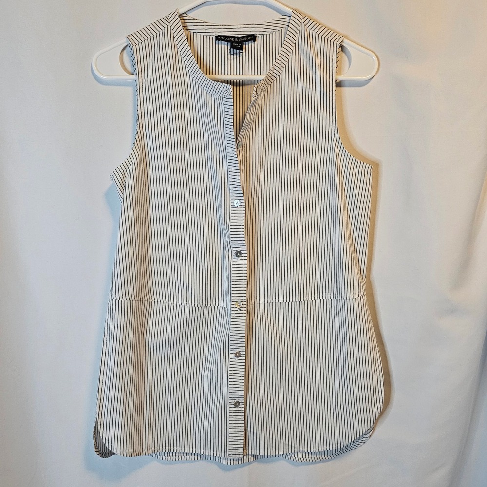 Harlowe & Graham Sleeveless Button Down Women Small White Black Pinstripe Office